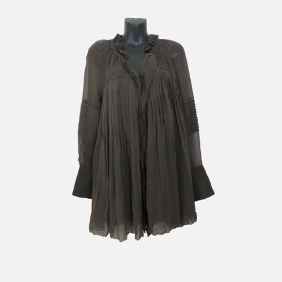 Vera Wang US 4 Silk Pintuck Blouse Button Down Flowy Romantic Gray Long Sleeve - Picture 1 of 5